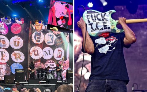 El fondo durante la presentación de Tom Morello y la guitarra con la que Morello se queja de las políticas de deportación de Donald Trump.
