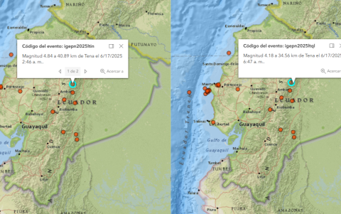 Mapa de movimientos telúricos más recientes que han ocurrido en el Ecuador