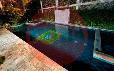 La piscina encontrada en la mansión tiene el nombre de sus hijos en el piso.