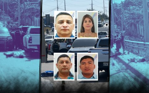 Rostros de las cuatro víctimas del ataque armado en Manta: Leo Briones, su pareja Génesis Mendoza, y sus dos escoltas, el militar Eder Plúas y el exmilitar Carlos Pacheco.
