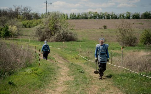 Los desminadores de la FSD (Fondation Suisse de Deminage) se dirigen a un sitio de desminado en la aldea de Kamyanka, región de Kharkiv, el 1 de mayo de 2025, en medio de la invasión rusa de Ucrania.