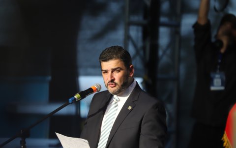 El alcalde Aquiles Álvarez durante la sesión solemne por los 490 años de fundación de Guayaquil.