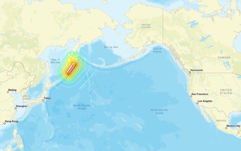 Imagen cortesía del Servicio Geológico de Estados Unidos (USGS) que muestra el epicentro de un terremoto de 8,7 que golpeó el extremo este de Rusia el 30 de julio de 2025.