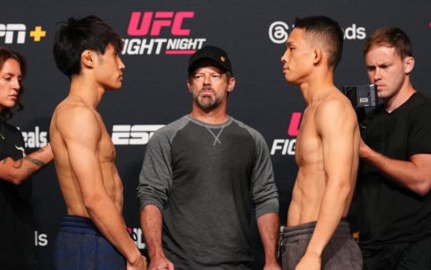 Tatsuro Taira y HyunSung Park en el momento del careo previo a la pelea de UFC.