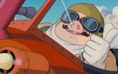 Porco Rosso pilotando su avión rojo