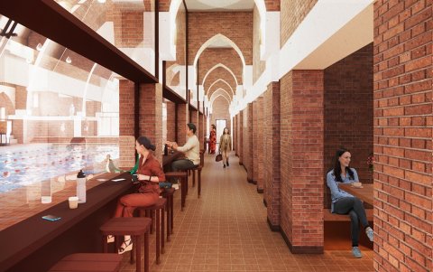 El restaurante, con vistas a la piscina, estará situado a lo larga de la columnata de la antigua iglesia.