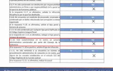El candidato a la Judicatura informó al CPCCS que al 9 julio de 2025 no tenía un sumario administrativo tramitándose, cuando sí lo tenía.