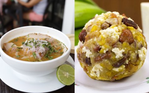 El encebollado (izquierda) y el bolón (derecha) son los platos ecuatorianos que compiten dentro de los cuartos de final en el Mundial de Desayunos.