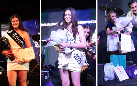 Ana Isabel Iturralde, Reina del Guayaquil Tenis Club; Lorena Gómez, Señorita Deportes; y Doménica Zavala, Niña Deportes, con Paul Iturralde.