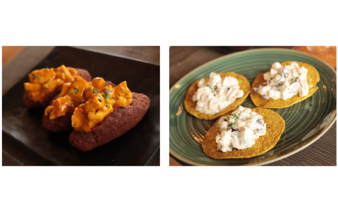 Corviches de pescado en salsa de maní y tostadas de mariscos acevichadas para conquistar paladares.