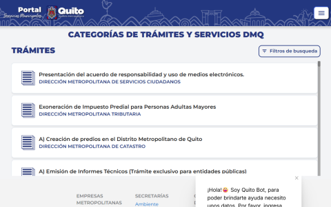 El Municipio de Quito tiene en su página web un catálogo de trámites para que los usuarios puedan realizarlos en línea. Hay que registrarse.