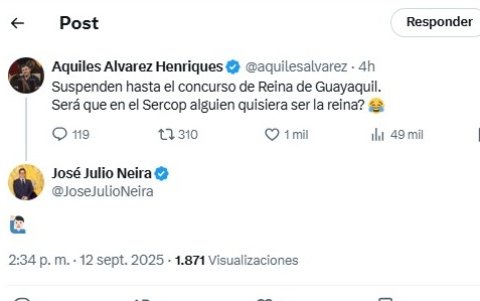 Reina de Guayaquil: cruce entre Aquiles Álvarez y José Julio Neira en X.