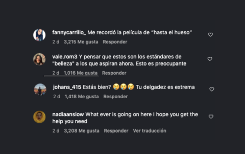 Los comentarios en redes sociales reflejan la preocupación de los seguidores por el aspecto físico de la actriz.