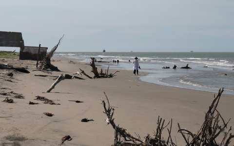 Fotografía que muestra a una persona caminando por la comunidad de El Bosque este miércoles, en el municipio de Centla, estado de Tabasco (México).