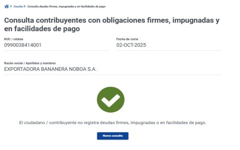 El portal del SRI detalla que la Exportadora Bananera Noboa (EBN) no registra deudas con la entidad.