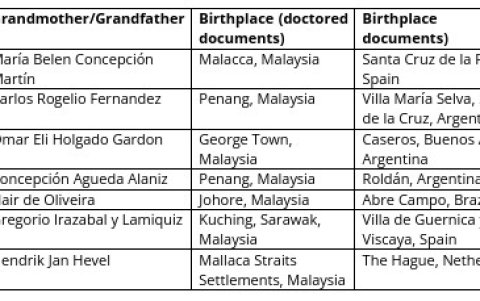 Nombres, lugar de nacimiento falsificado y lugar de nacimiento real de las personas que habian tomado los 7 futbolistas como ascendencia.
