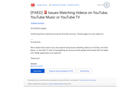 YouTube informó que estaba investigando el problema técnico y que el servicio fue restablecido poco después.