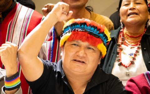 Marlon Vargas, presidente de Conaie, durante un evento público en defensa de la Amazonía y los salarios