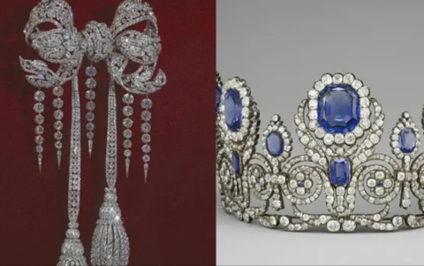 El Gran Lazo del corpiño de la Emperatriz Eugenia en 1855 y la Corona. Pertenecieron a las reinas María Amelia y Hortensia, joyas que simbolizan el patrimonio monárquico e imperial francés.