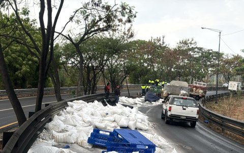 Sacos de sal cayeron de un tráiler sobre la oreja vial que conecta la vía a la costa con la Perimetral, en Guayaquil, en octubre pasado, tras un accidente.