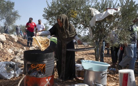 En la imagen, Um Samara (65 años), residente de Bir Zeit, prepara pan típico palestino durante la recolección de olivas.