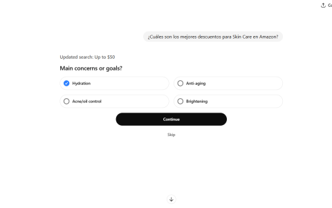 La herramienta pregunta por las necesidades específicas del usuario —como hidratación, anti-edad o control de acné— para ajustar la búsqueda y afinar las recomendaciones.