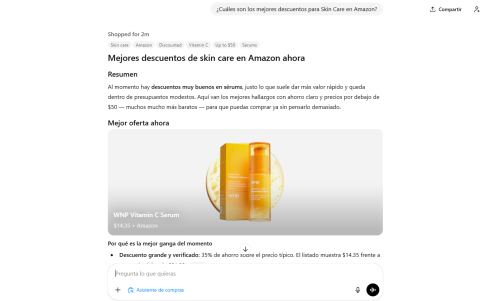 ChatGPT muestra una guía de compra personalizada con los mejores descuentos en productos de skin care, incluyendo precios actualizados, reseñas y comparaciones en tiempo real.