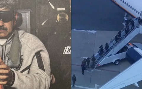 Izq: foto la de Maduro capturado. Derecha: fotografía del avión que trasladó a Maduro a Estados Unidos.