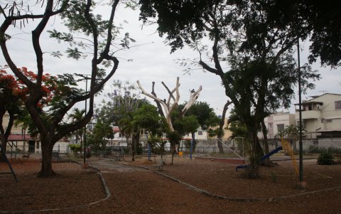 En el parque peatonal de Los Almendros hay juegos infantiles oxidados cerca de otros que están en mejor estado.