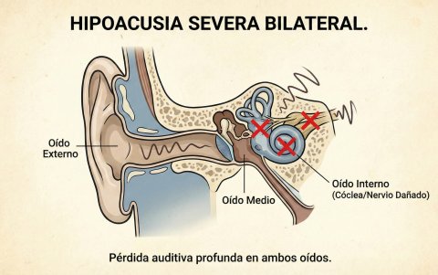 Gráfico ilustrativo de las zonas del oído interno y medio donde pueden presentarse lesiones que causan pérdida auditiva.