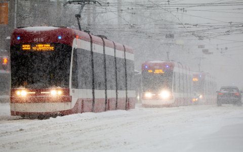 Fotografía del 25 de enero de 2026 de tranvías que transitan por el centro de Toronto (Canadá).