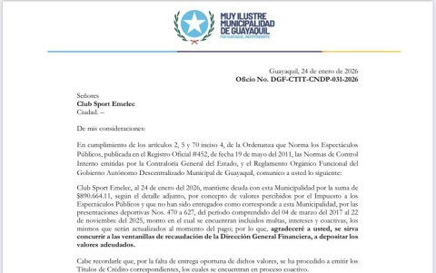 Documento que recibió Emelec de parte del Municipio de Guayaquil.