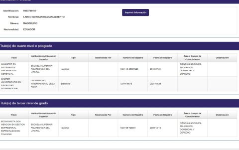 El registro de títulos universitarios de Damián Larco.