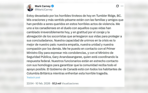 El primer ministro de Canadá, Mark Carney, expresó sus condolencias por el tiroteo en Tumbler Ridge y destacó el coraje de los cuerpos de emergencia