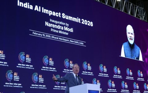 El presidente de Microsoft, Brad Smith, durante una sesión de la cumbre de inteligencia artificial en Nueva Delhi.