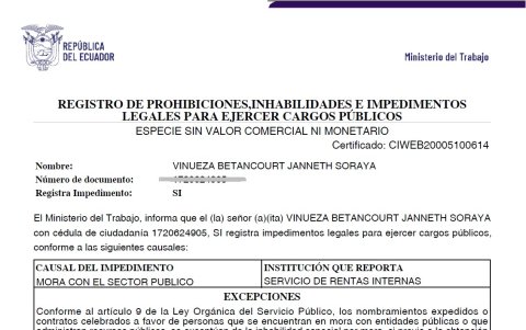 El certificado del Ministerio de Trabajo donde consta el impedimento de Janneth Soraya Vinueza Betancourt.