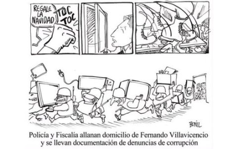 Con esta caricatura de 2013, Bonil se refirió al allanamiento a la vivienda de Fernando Villavicencio. Casi una década después, el ex candidato presidencial fue asesinado.
