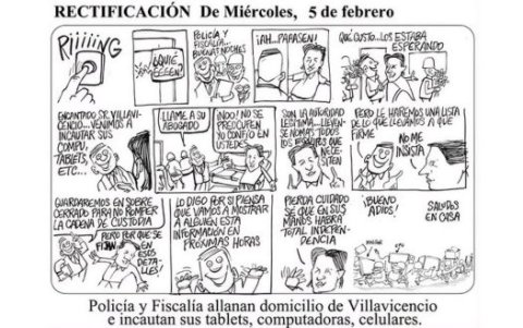 Esta fue la rectificación que hizo Bonil, a la caricatura del allanamiento a Fernando Villavicencio, tras la disposición de la Supercom.