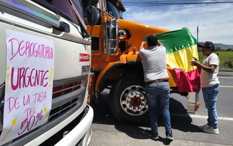 Transportistas de carga pesada protestan en una vía de Carchi con carteles que exigen trabajo y rechazan medidas del Gobierno.