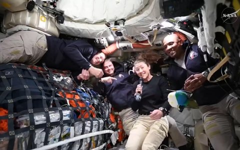 Imagen distribuida por la NASA que muestra a los cuatro astronautas de Artemis II dentro de la nave Orión.