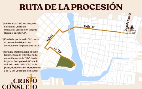 Este es el recorrido que harán los feligreses, en el sur de Guayaquil, en la procesión del Cristo del Consuelo.