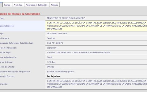 Portal del Sercop muestra la licitación logística del Ministerio de Salud Pública.
