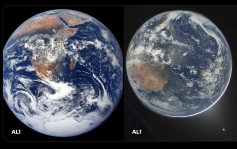 Fotografías publicadas por la NASA en su cuenta oficial de X que muestra una vista de la Tierra tomada por la tripulación del Apollo 17 en 1972 (i) junto a la última imagen capturada desde la nave Orión de la misión Artemis II el pasado 2 de abril.