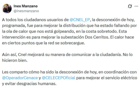 CNEL ejecutó la desconexión para evitar fallas mayores y la ministra admitió errores de comunicación.