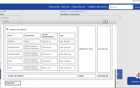 Captura de pantalla del portal web de la Contraloría: en la actualidad, así se muestra una parte de una declaración jurada de bienes.