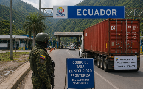 Una imagen creada con IA sobre la actividad comercial de Ecuador y Colombia y el cobro de la tasa de seguridad.