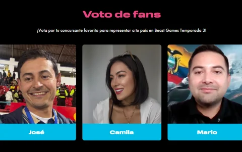 José Esteban Coellar, Camila del Castillo y Mario Puente, los tres ecuatorianos preseleccionados para representar al país en Beast Games 3, el reality internacional de MrBeast.