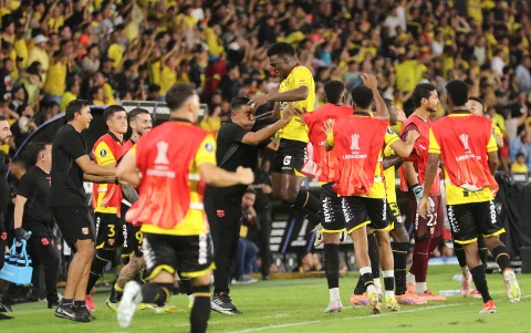 La celebración de Barcelona SC luego de su primera victoria en fase de grupos de Libertadores.