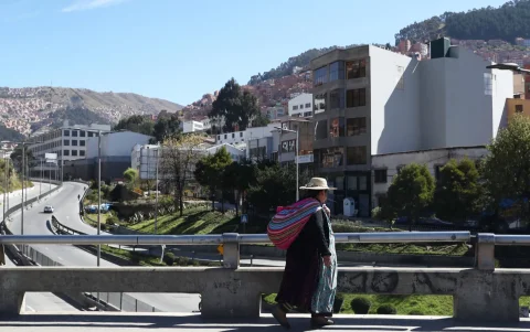 Una mujer aimara camina durante una jornada de bloqueos y protestas este martes, en La Paz (Bolivia).