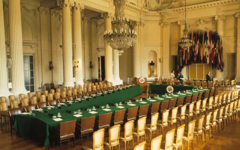 El Salón de las Américas en donde será recibido el presidente Daniel Noboa por el Consejo Permanente de la OEA.